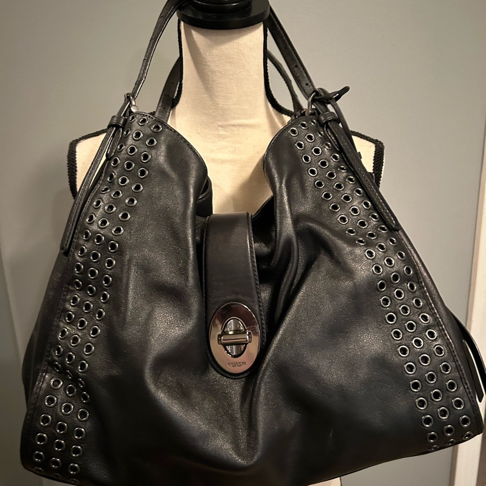 Coach Black Leather Shoulder Bag with Silver Accents